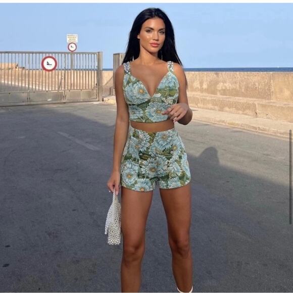 Zara Blue High Waist Shorts Set Size Small NWOT - Picture 2 of 9